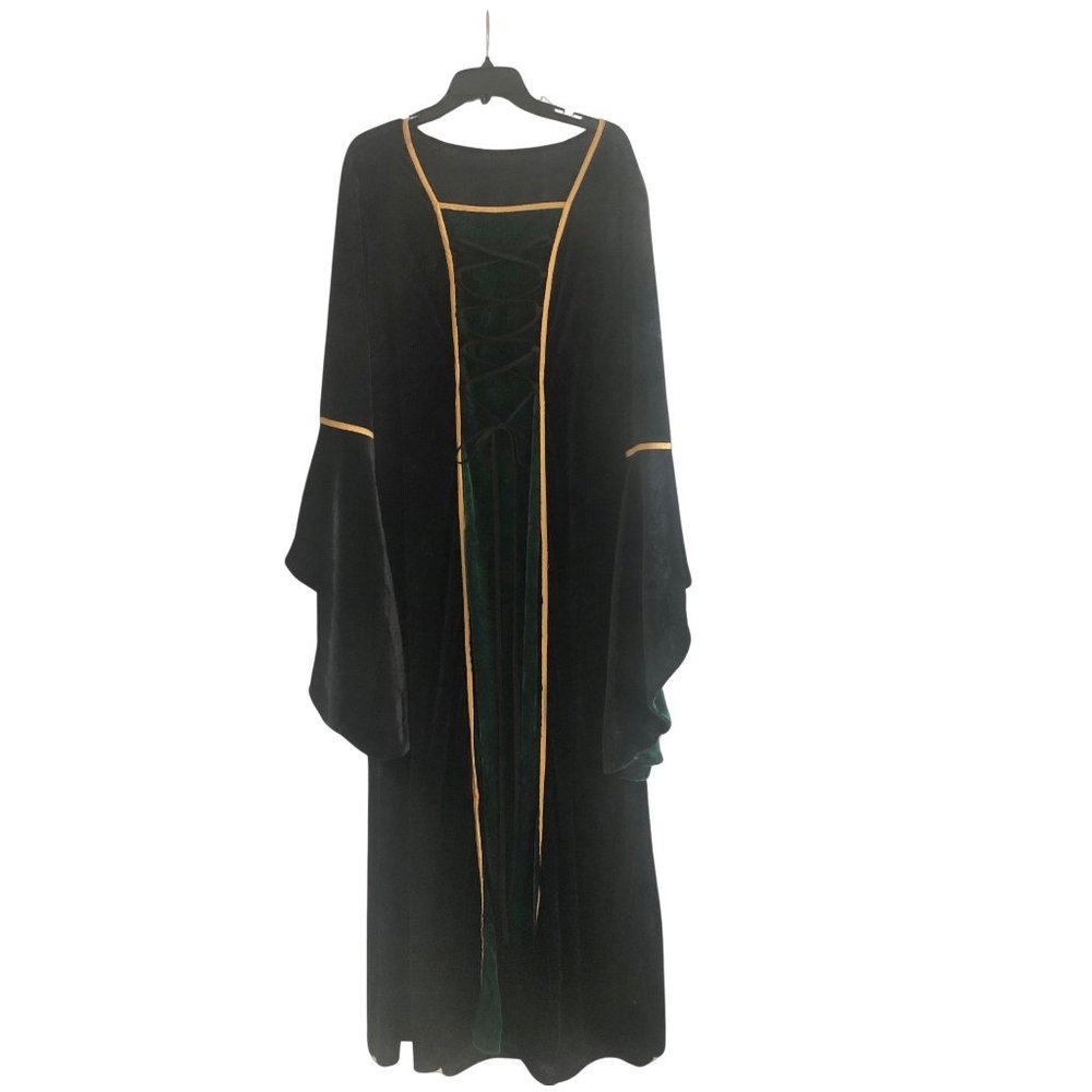Black Velvet Long Sleeve Medieval-Inspired Dress with Gold Trim